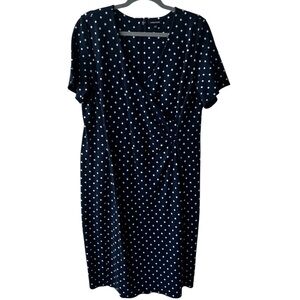 Lands' End Navy White Polka Dot Faux-Wrap V-Neck Midi Dress Stretch Size 16W